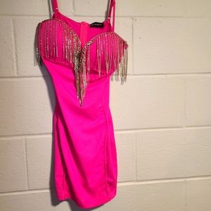 Hot pink mini dress with gloves